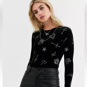 Motel Black Velvet Astrology Silver Glitter Stretchy Bodysuit size large